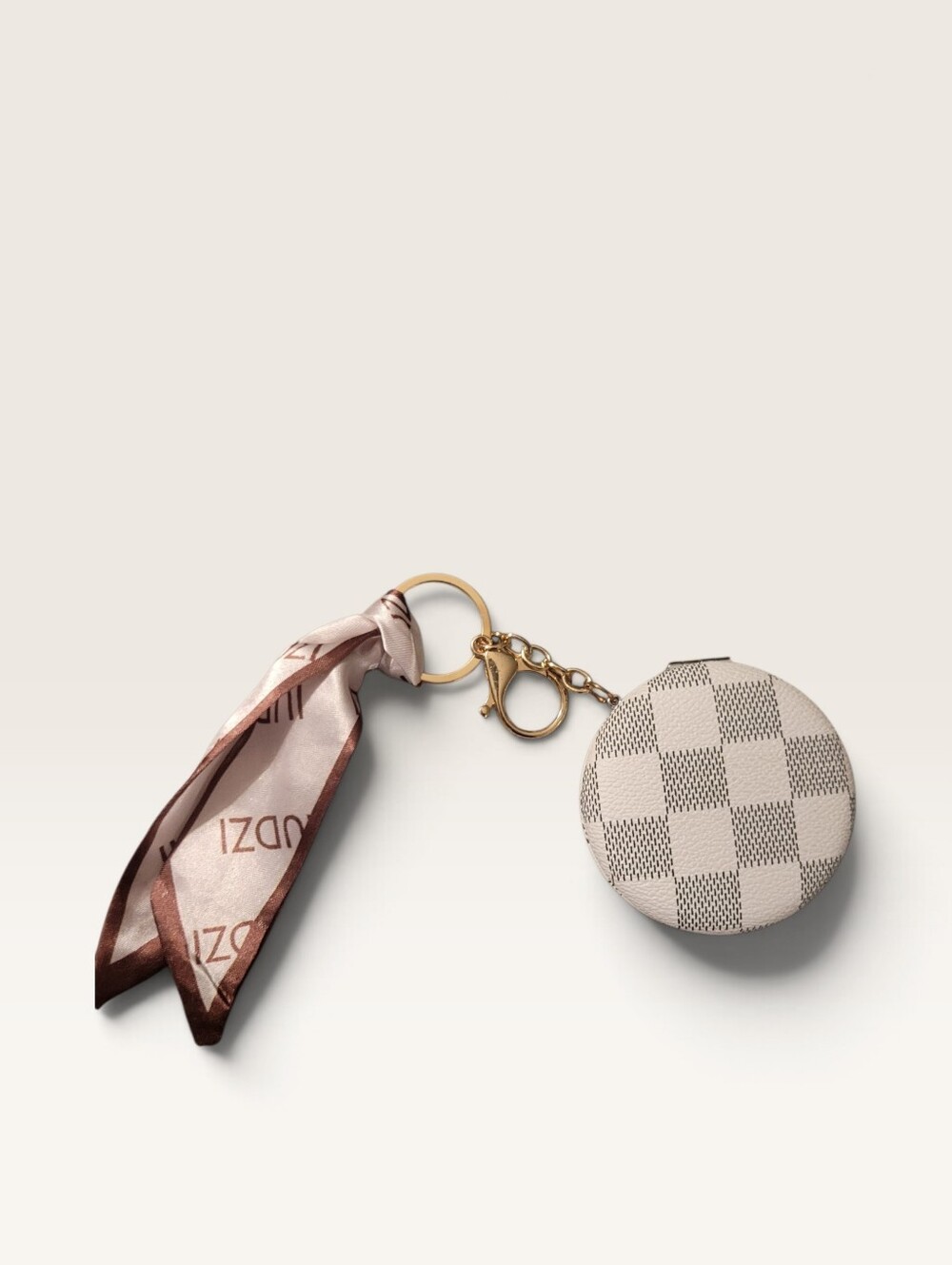 Beige Plaid Round Keychain Mirror with Silk Scarf Accent